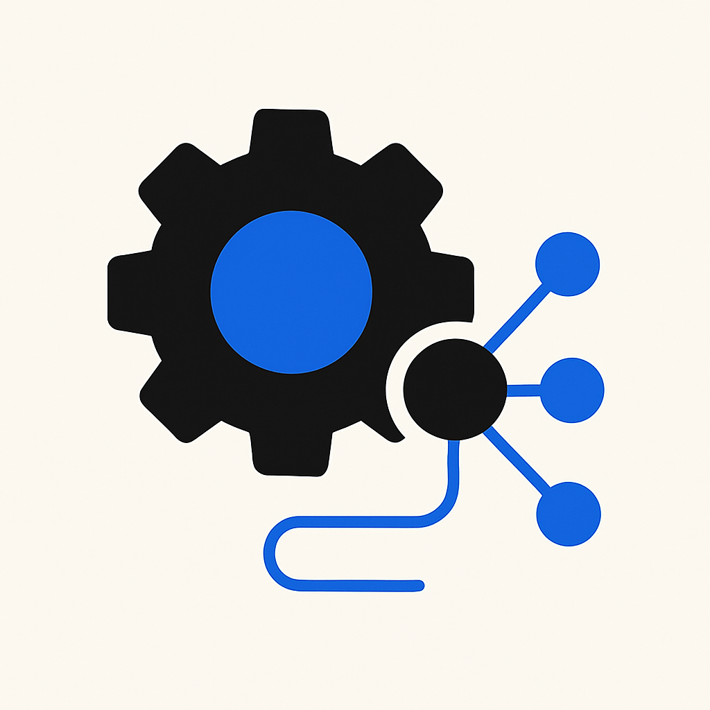 Flat illustration of a gear connected to a network of nodes, representing AI automation